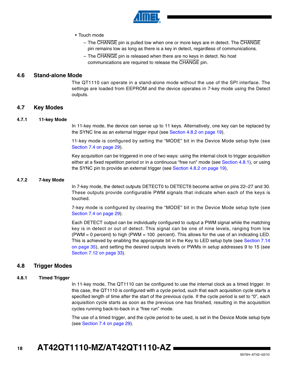 6 stand-alone mode, 7 key modes, 1 11-key mode | 2 7-key mode, 8 trigger modes, 1 timed trigger | Rainbow Electronics AT42QT1110-AZ User Manual | Page 18 / 48