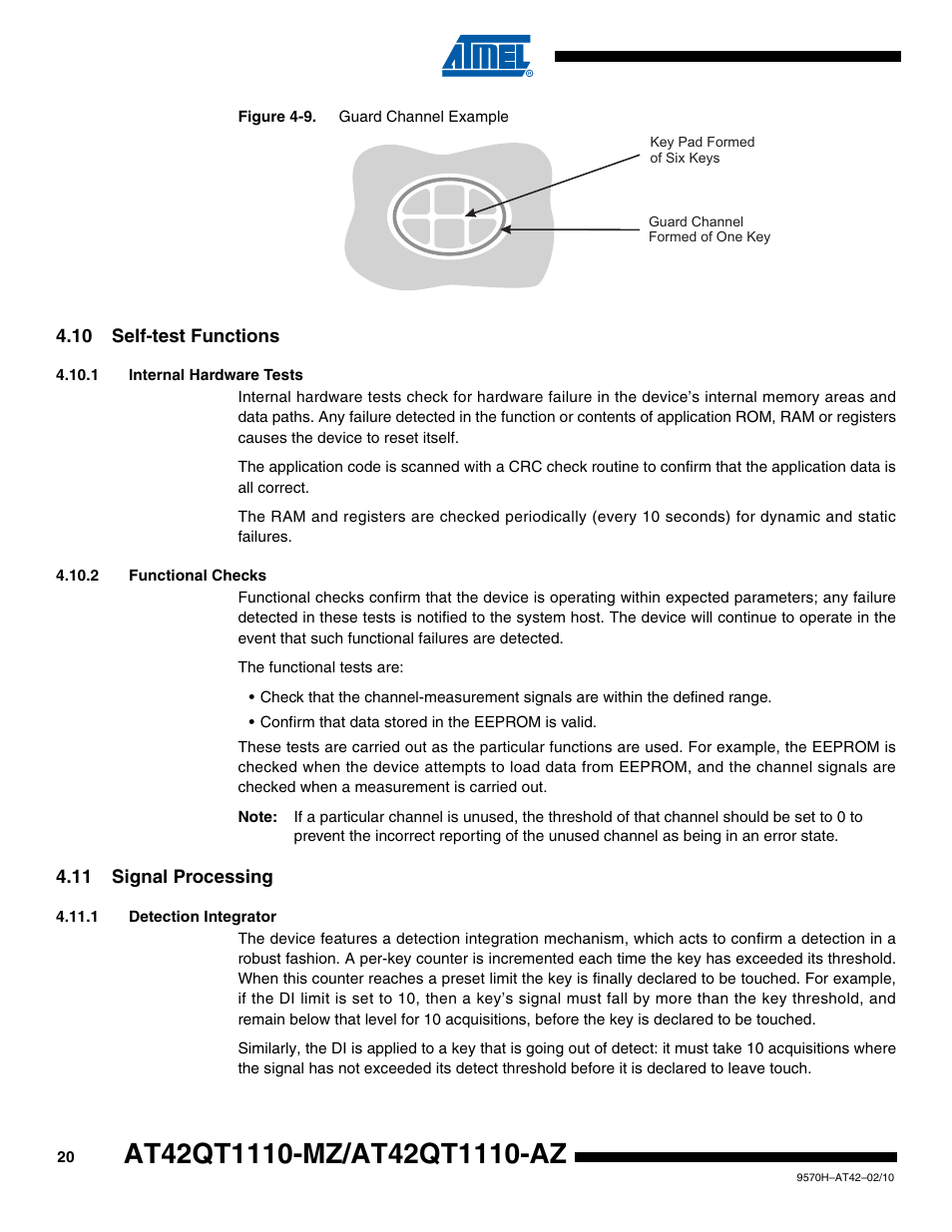 10 self-test functions, 1 internal hardware tests, 2 functional checks | 11 signal processing, 1 detection integrator | Rainbow Electronics AT42QT1110-AZ User Manual | Page 20 / 48