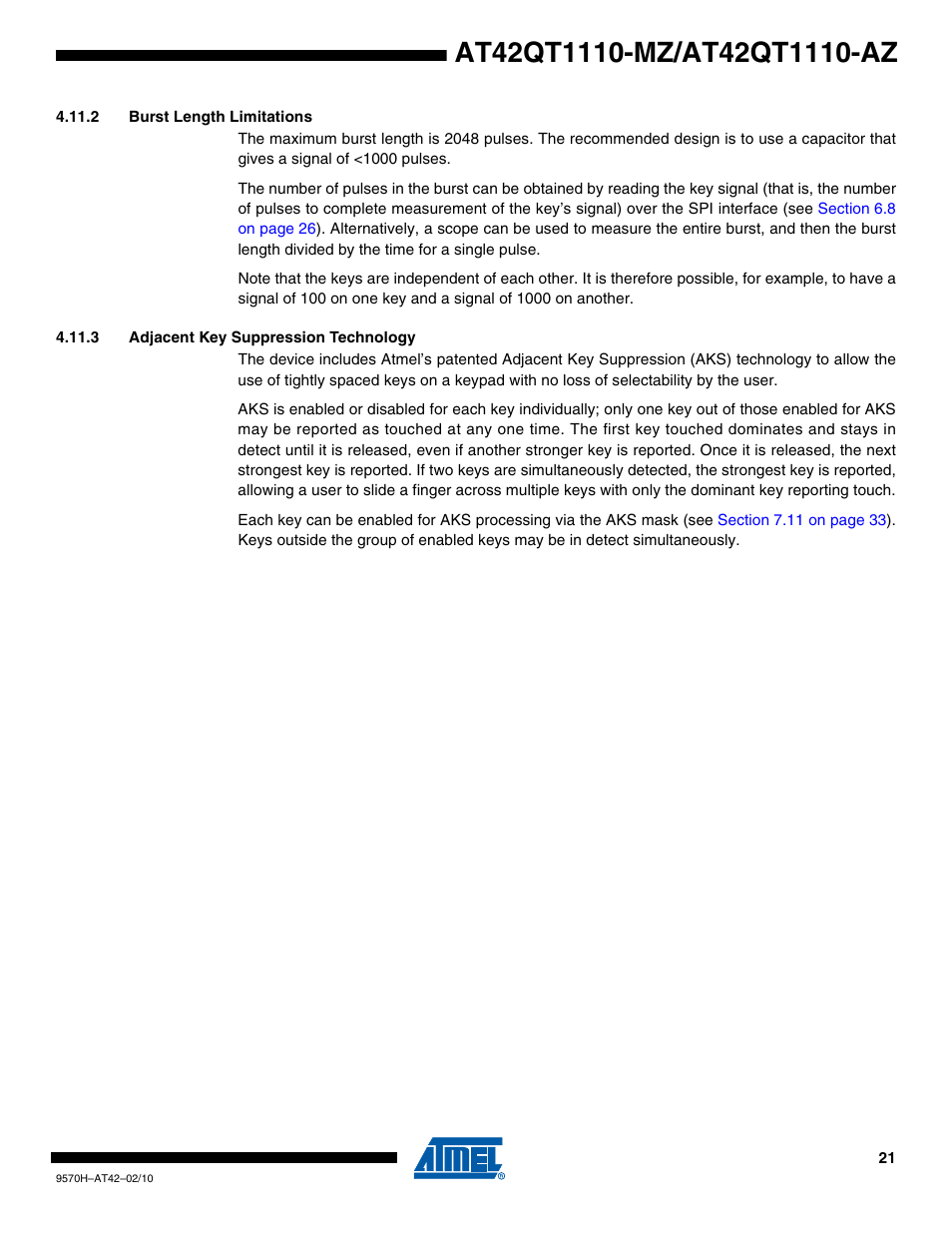 2 burst length limitations, 3 adjacent key suppression technology | Rainbow Electronics AT42QT1110-AZ User Manual | Page 21 / 48