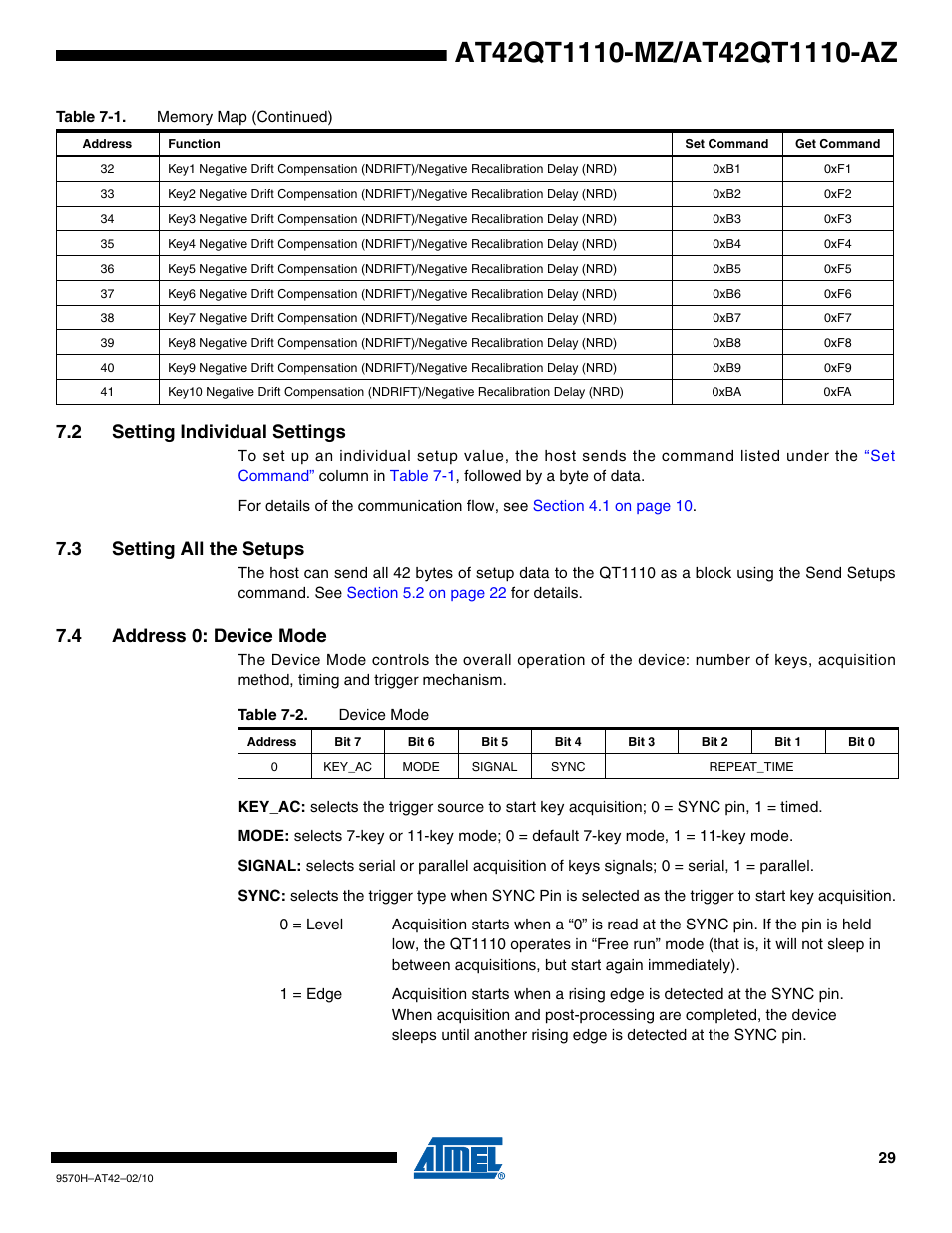 2 setting individual settings, 3 setting all the setups, 4 address 0: device mode | Rainbow Electronics AT42QT1110-AZ User Manual | Page 29 / 48