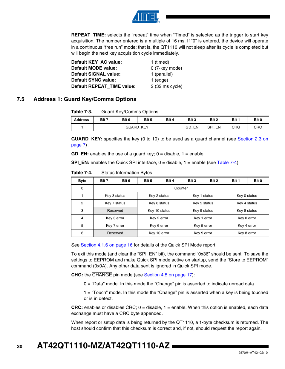 5 address 1: guard key/comms options, Section 7.5 on | Rainbow Electronics AT42QT1110-AZ User Manual | Page 30 / 48