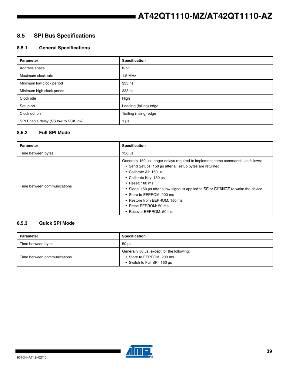 5 spi bus specifications, 1 general specifications, 2 full spi mode | 3 quick spi mode | Rainbow Electronics AT42QT1110-AZ User Manual | Page 39 / 48