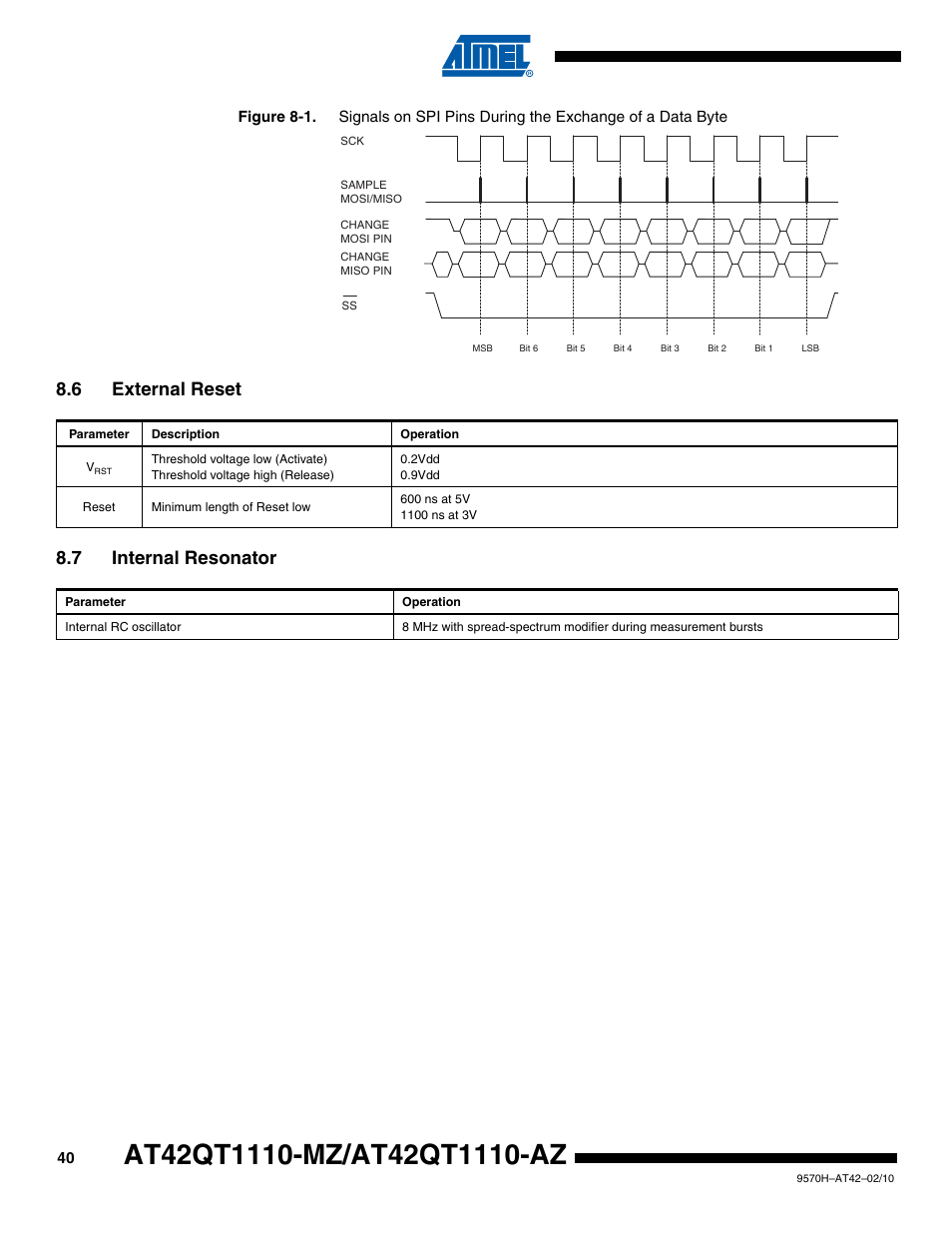 6 external reset, 7 internal resonator, 6 external reset 8.7 internal resonator | Rainbow Electronics AT42QT1110-AZ User Manual | Page 40 / 48