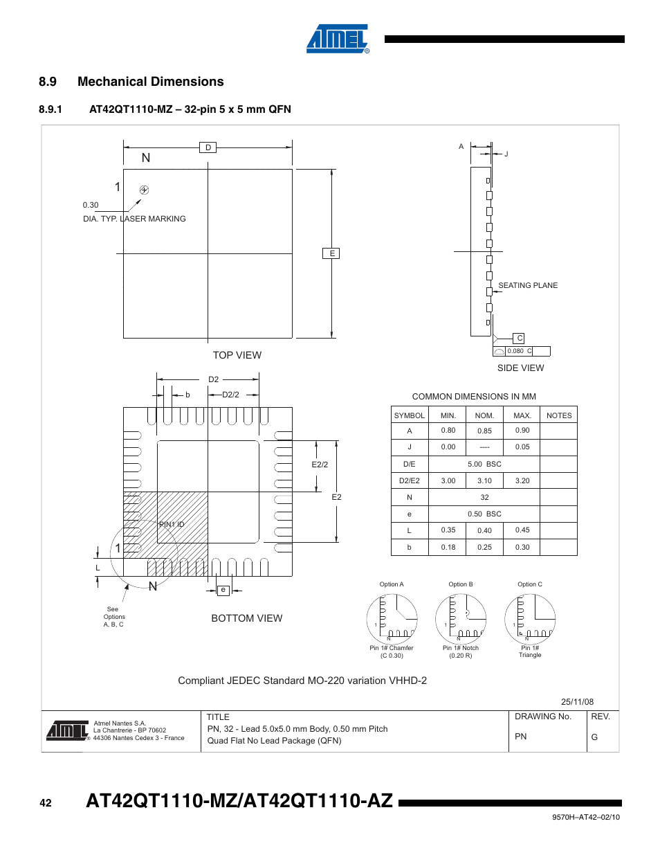 9 mechanical dimensions, 1 at42qt1110-mz – 32-pin 5 x 5 mm qfn | Rainbow Electronics AT42QT1110-AZ User Manual | Page 42 / 48