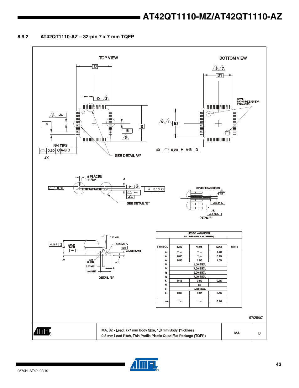 2 at42qt1110-az – 32-pin 7 x 7 mm tqfp | Rainbow Electronics AT42QT1110-AZ User Manual | Page 43 / 48