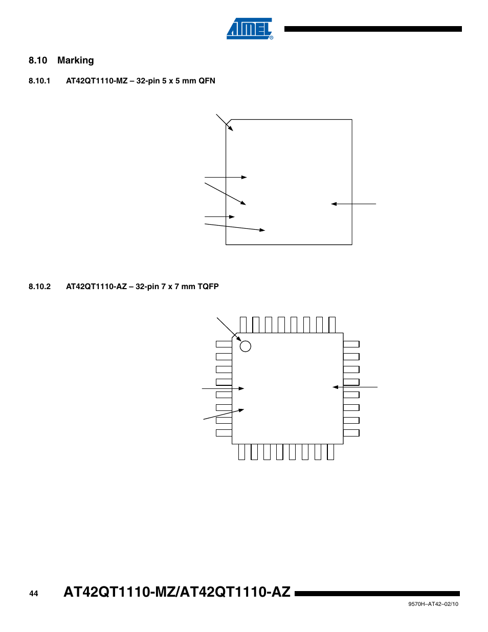 10 marking, 1 at42qt1110-mz – 32-pin 5 x 5 mm qfn, 2 at42qt1110-az – 32-pin 7 x 7 mm tqfp | Atmel | Rainbow Electronics AT42QT1110-AZ User Manual | Page 44 / 48