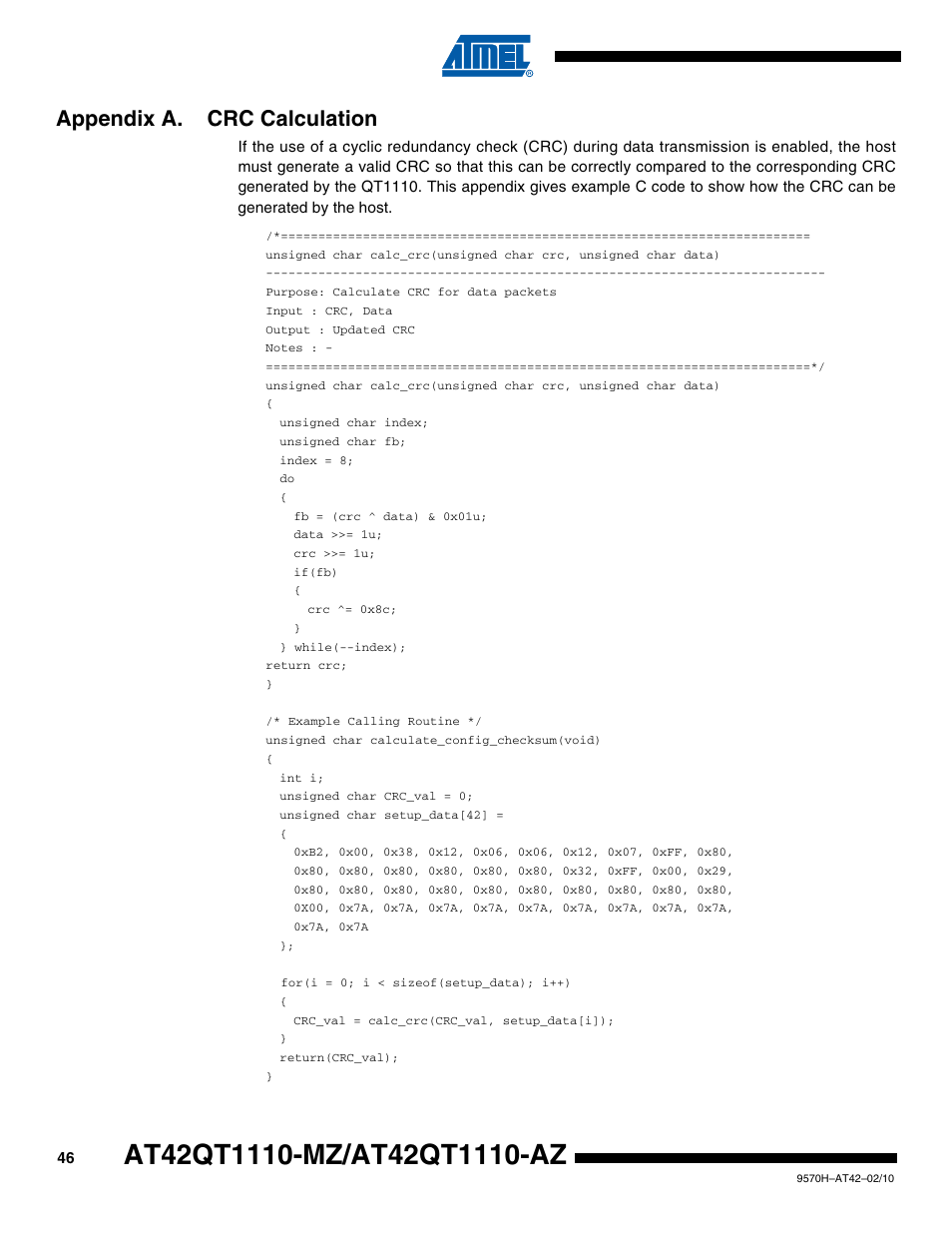 Appendix a, Appendix a. crc calculation | Rainbow Electronics AT42QT1110-AZ User Manual | Page 46 / 48