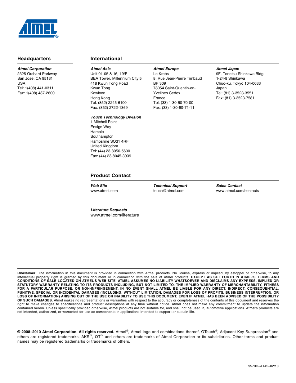 Headquarters international, Product contact | Rainbow Electronics AT42QT1110-AZ User Manual | Page 48 / 48