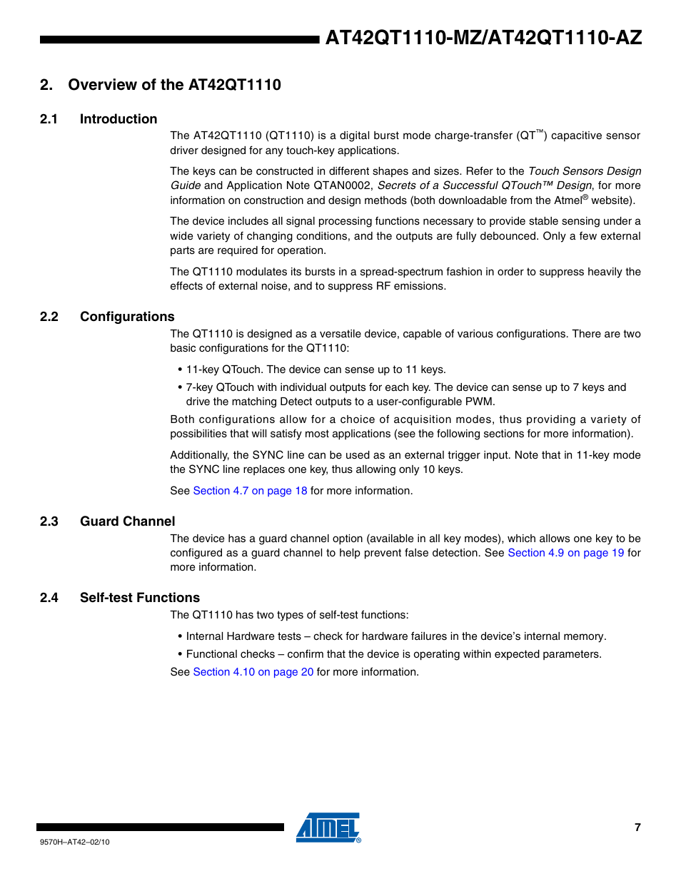 Overview of the at42qt1110, 1 introduction, 2 configurations | 3 guard channel, 4 self-test functions | Rainbow Electronics AT42QT1110-AZ User Manual | Page 7 / 48