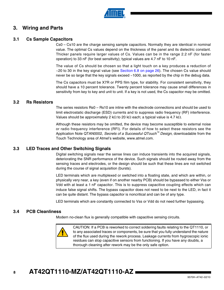 Wiring and parts, 1 cs sample capacitors, 2 rs resistors | 3 led traces and other switching signals, 4 pcb cleanliness | Rainbow Electronics AT42QT1110-AZ User Manual | Page 8 / 48