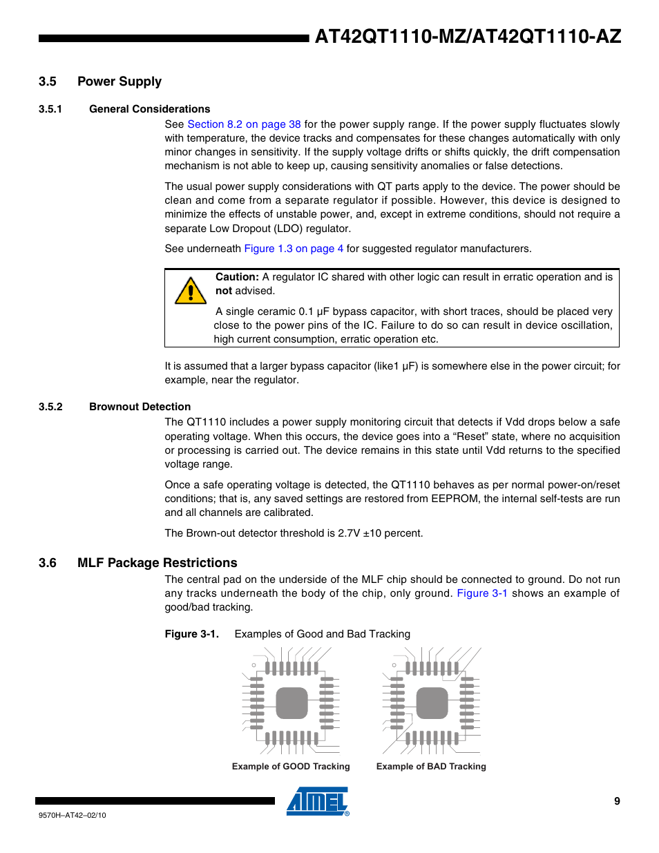 5 power supply, 1 general considerations, 2 brownout detection | 6 mlf package restrictions | Rainbow Electronics AT42QT1110-AZ User Manual | Page 9 / 48