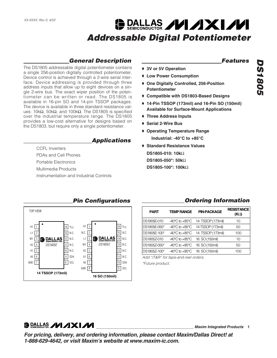Rainbow Electronics DS1805 User Manual | 10 pages