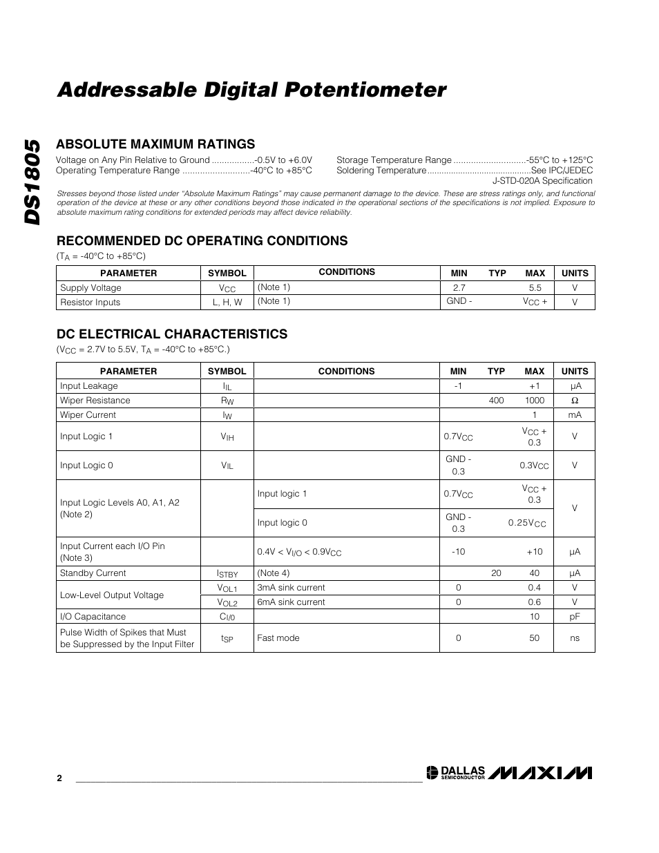 Ds1805 addressable digital potentiometer, Dc electrical characteristics | Rainbow Electronics DS1805 User Manual | Page 2 / 10