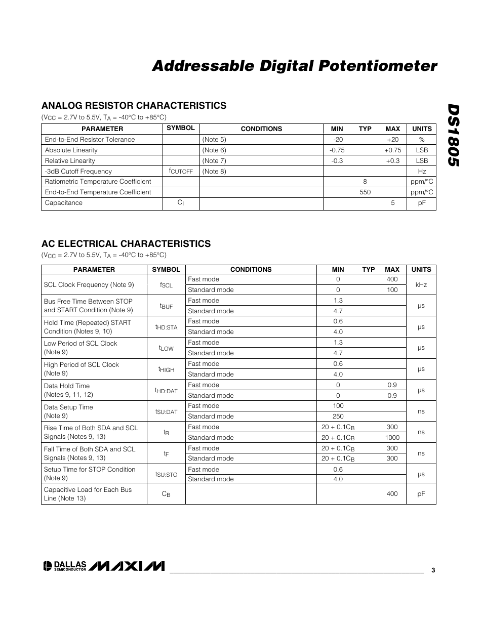 Ds1805 addressable digital potentiometer, Analog resistor characteristics, Ac electrical characteristics | Rainbow Electronics DS1805 User Manual | Page 3 / 10