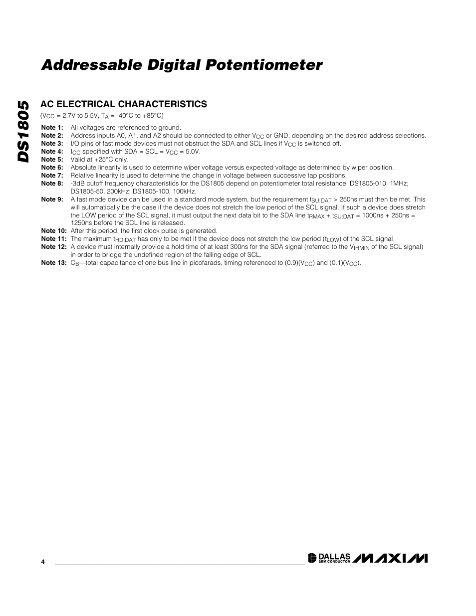 Ds1805 addressable digital potentiometer, Ac electrical characteristics | Rainbow Electronics DS1805 User Manual | Page 4 / 10