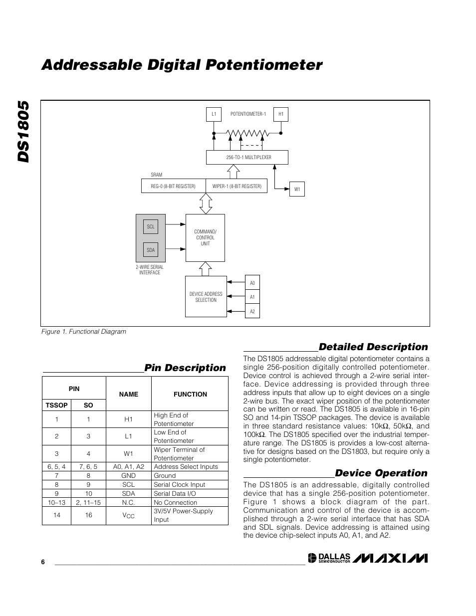 Ds1805 addressable digital potentiometer, Detailed description, Device operation | Pin description | Rainbow Electronics DS1805 User Manual | Page 6 / 10