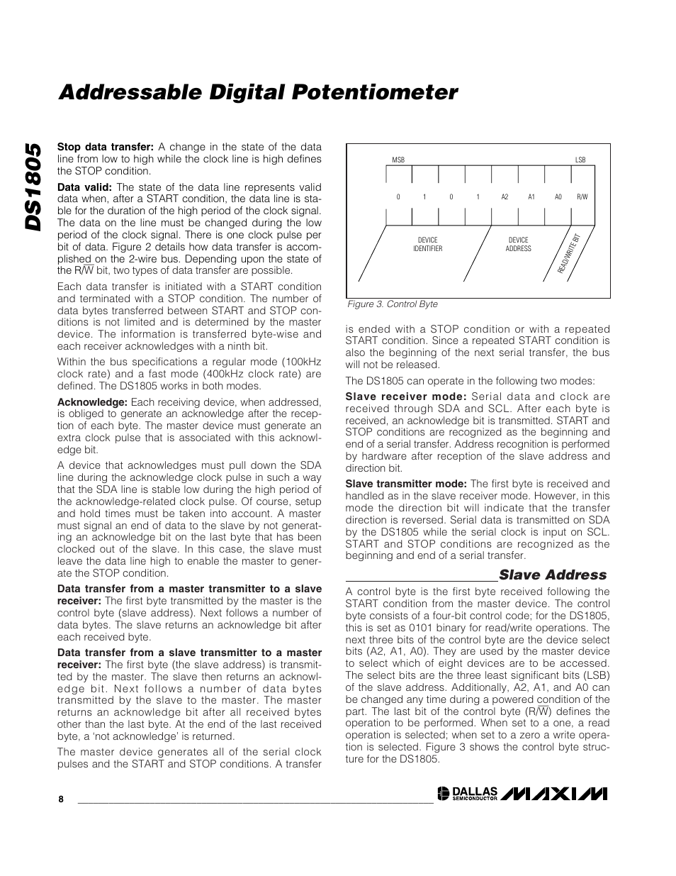 Ds1805 addressable digital potentiometer, Slave address | Rainbow Electronics DS1805 User Manual | Page 8 / 10