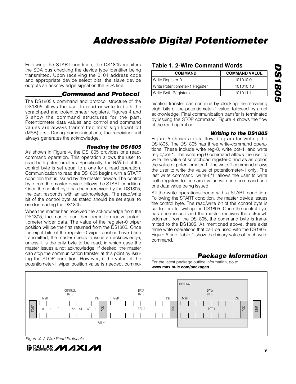 Ds1805 addressable digital potentiometer, Command and protocol, Package information | Table 1. 2-wire command words | Rainbow Electronics DS1805 User Manual | Page 9 / 10