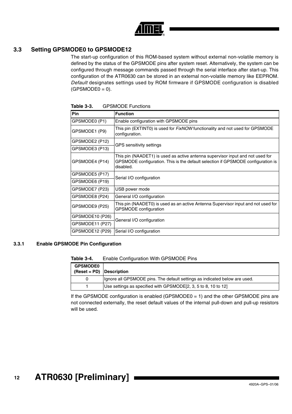 Atr0630 [preliminary, 3 setting gpsmode0 to gpsmode12 | Rainbow Electronics ATR0630 User Manual | Page 12 / 35