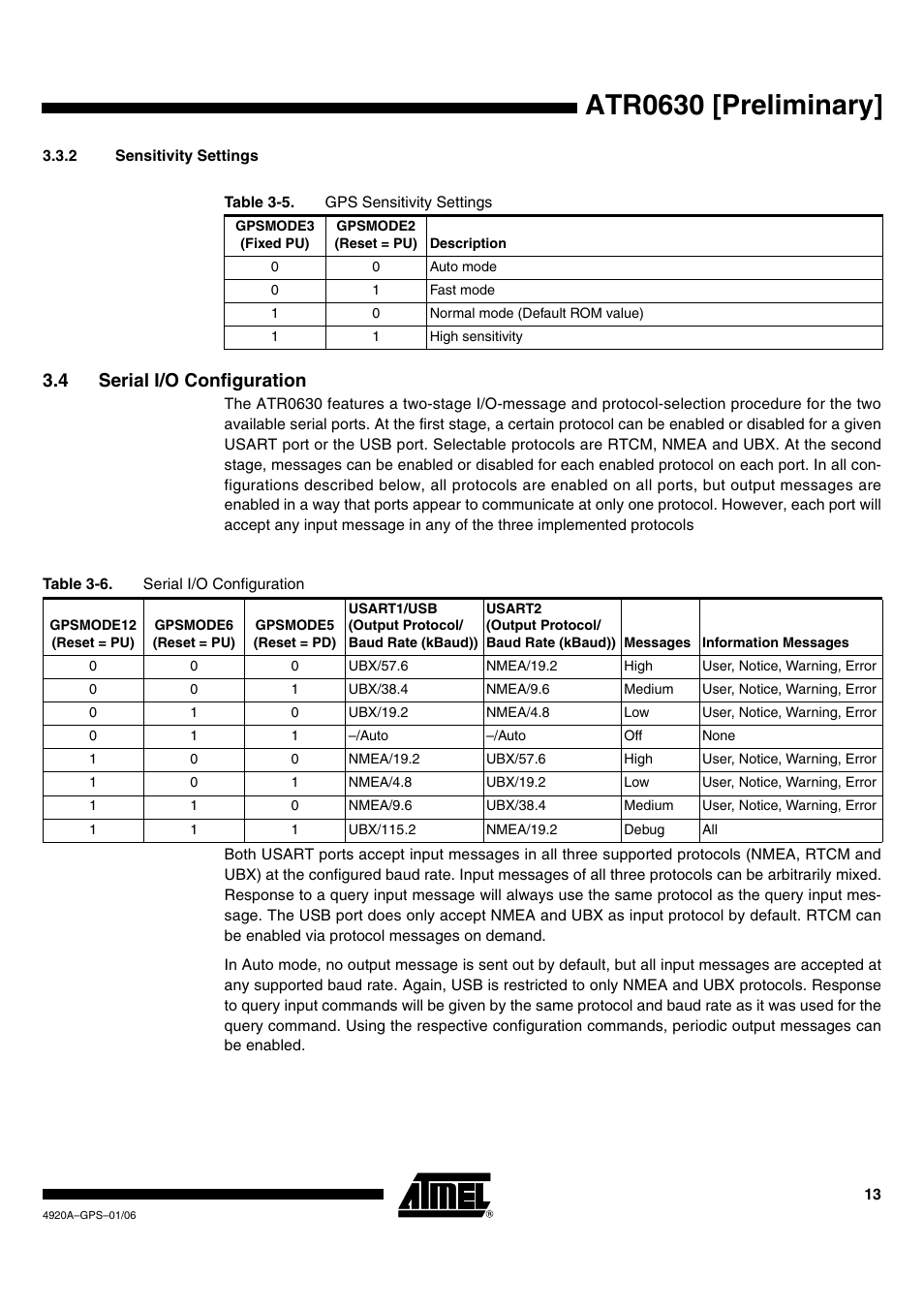 Atr0630 [preliminary, 4 serial i/o configuration | Rainbow Electronics ATR0630 User Manual | Page 13 / 35