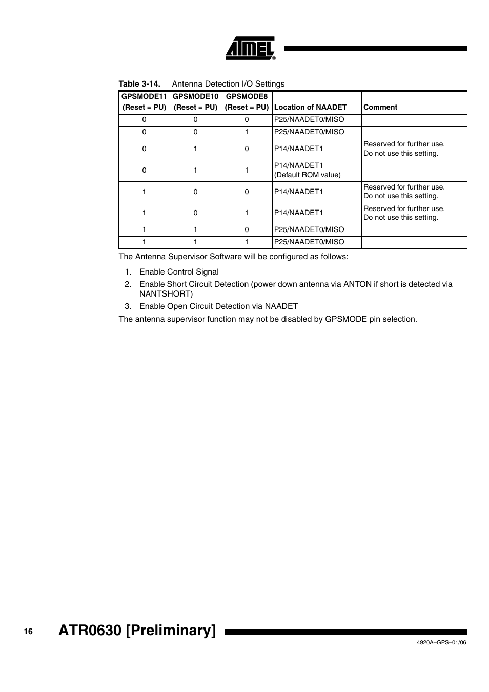 Table 3-14 on, Atr0630 [preliminary | Rainbow Electronics ATR0630 User Manual | Page 16 / 35