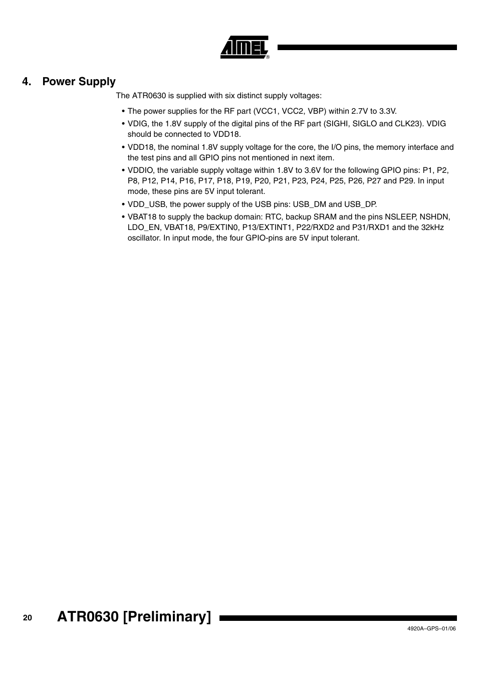 Atr0630 [preliminary, Power supply | Rainbow Electronics ATR0630 User Manual | Page 20 / 35