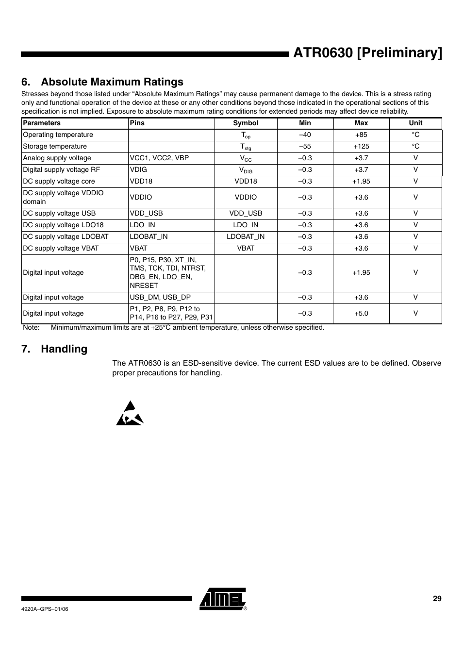 Atr0630 [preliminary, Handling, Absolute maximum ratings | Rainbow Electronics ATR0630 User Manual | Page 29 / 35