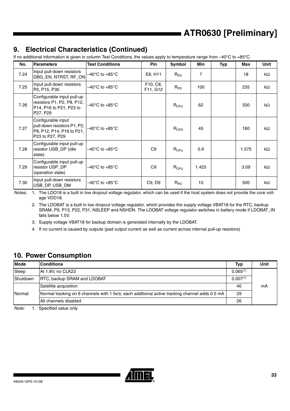 Atr0630 [preliminary, Electrical characteristics (continued), Power consumption | Rainbow Electronics ATR0630 User Manual | Page 33 / 35