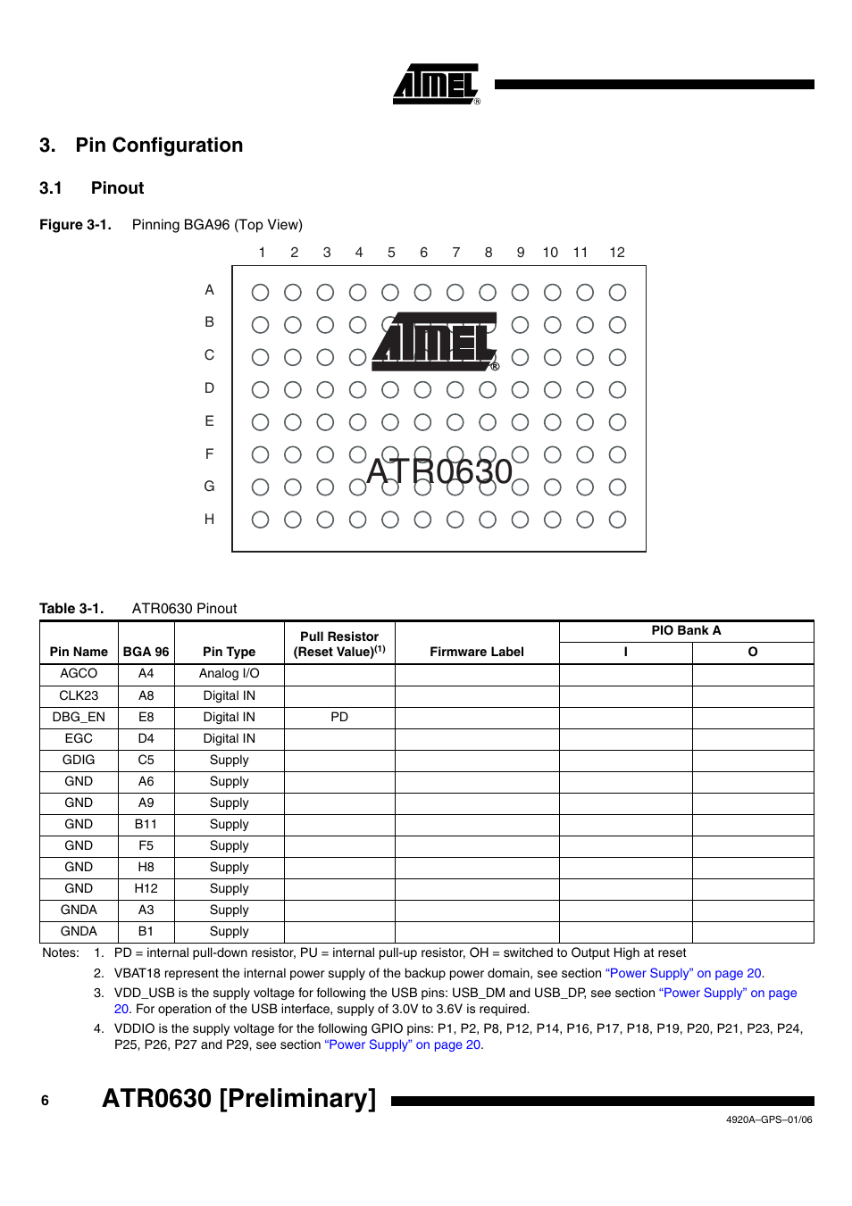 Atr0630, Atr0630 [preliminary, Pin configuration | 1 pinout | Rainbow Electronics ATR0630 User Manual | Page 6 / 35