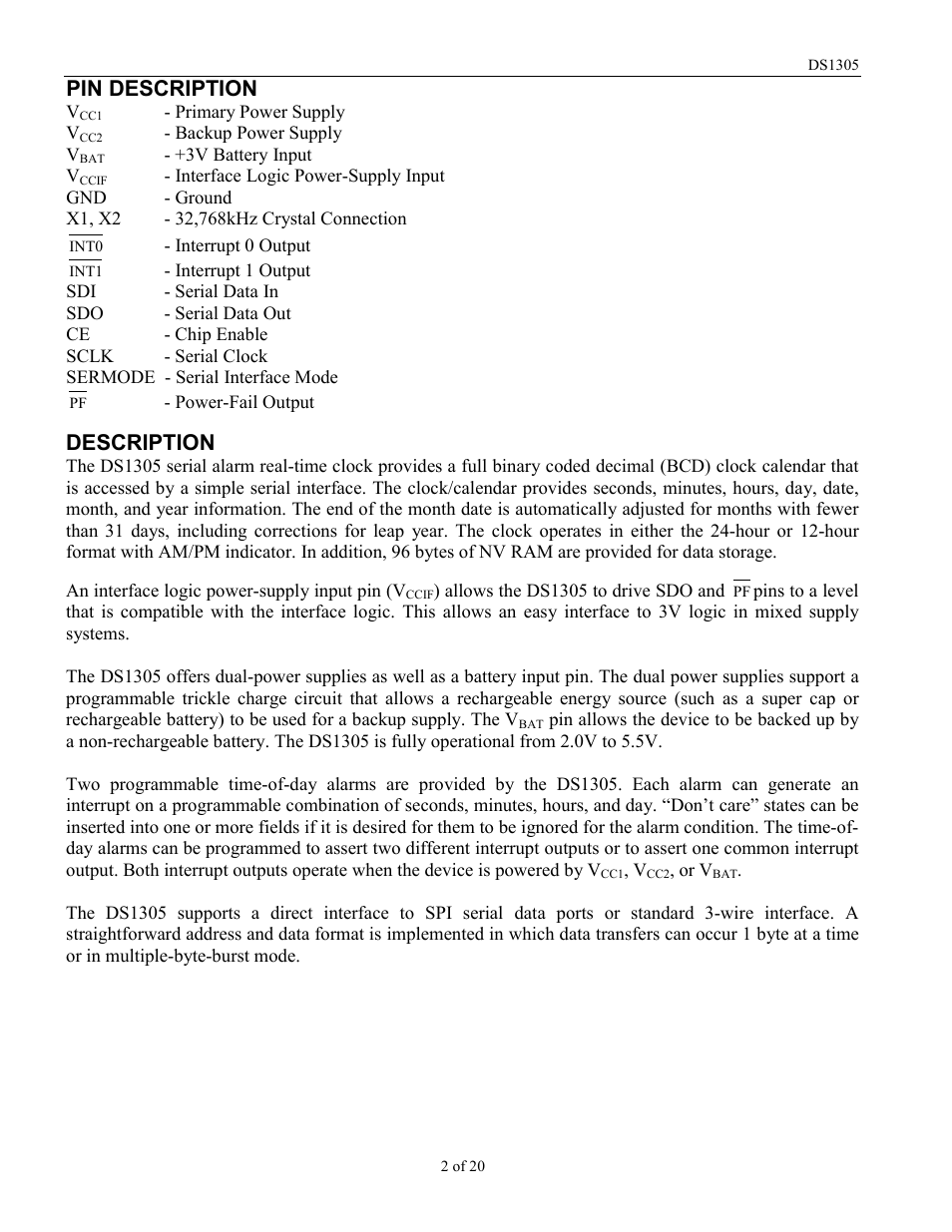 Pin description, Description | Rainbow Electronics DS1305 User Manual | Page 2 / 20