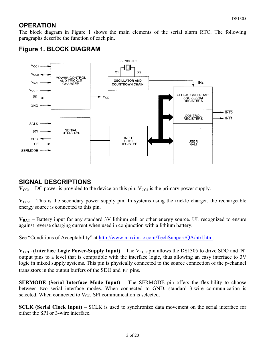 Operation, Figure 1. block diagram signal descriptions | Rainbow Electronics DS1305 User Manual | Page 3 / 20