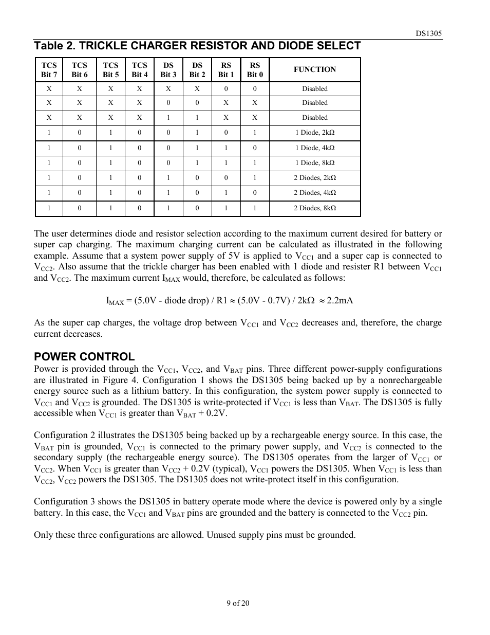 Table 2. trickle charger resistor and diode select, Power control | Rainbow Electronics DS1305 User Manual | Page 9 / 20