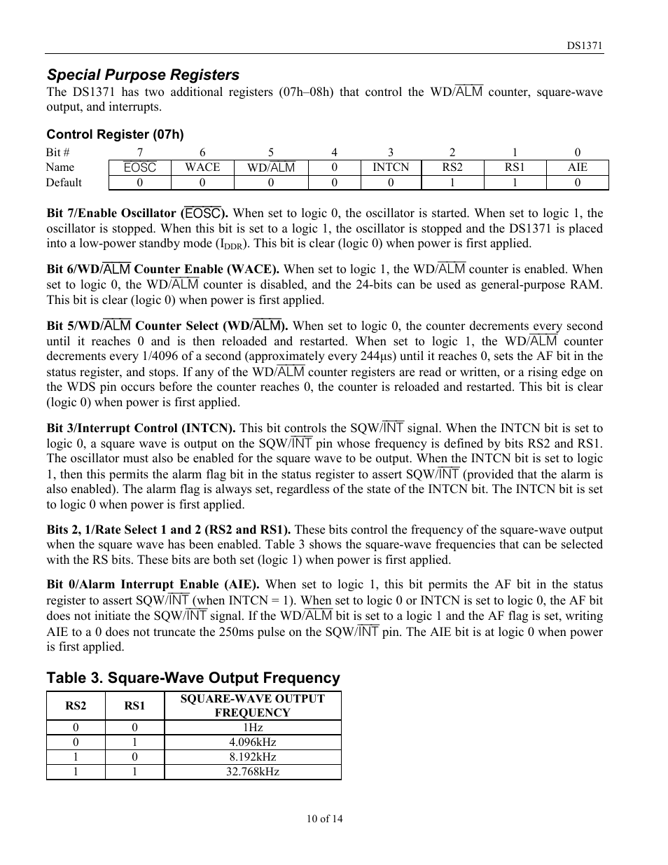 Special purpose registers, Table 3. square-wave output frequency | Rainbow Electronics DS1371 User Manual | Page 10 / 14