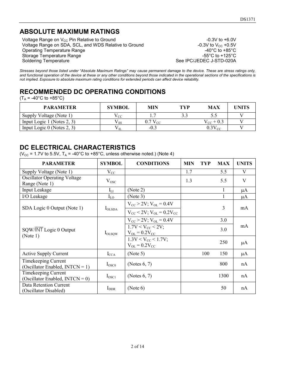 Absolute maximum ratings, Recommended dc operating conditions, Dc electrical characteristics | Rainbow Electronics DS1371 User Manual | Page 2 / 14