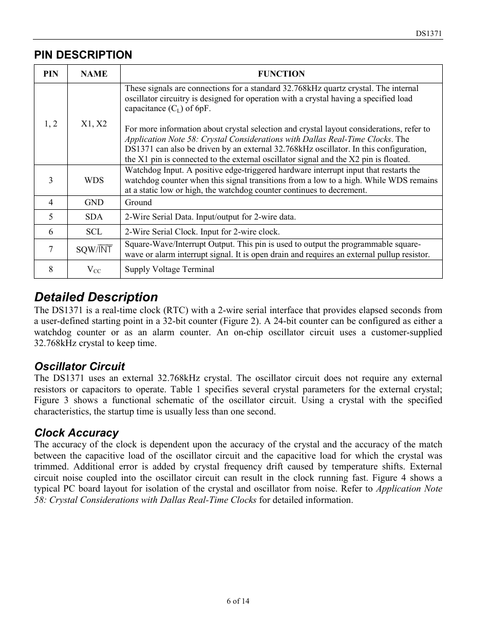 Detailed description, Pin description, Oscillator circuit | Clock accuracy | Rainbow Electronics DS1371 User Manual | Page 6 / 14