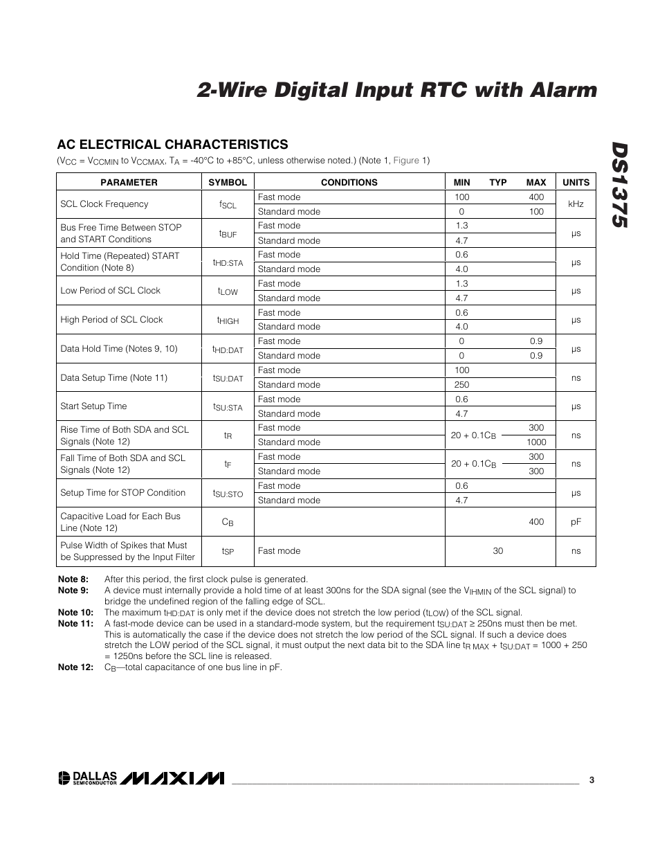 Ac electrical characteristics | Rainbow Electronics DS1375 User Manual | Page 3 / 11