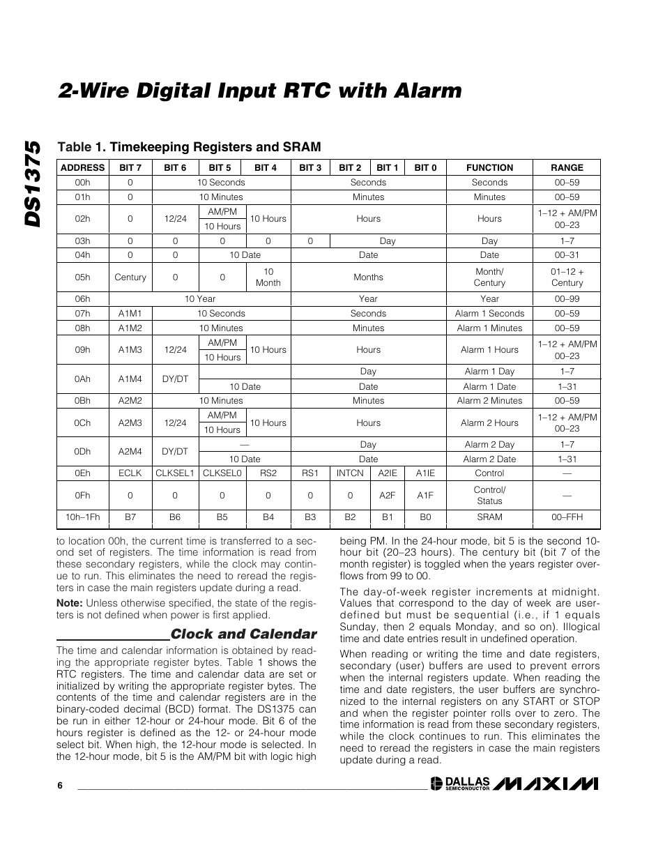 Clock and calendar, Table 1. timekeeping registers and sram | Rainbow Electronics DS1375 User Manual | Page 6 / 11