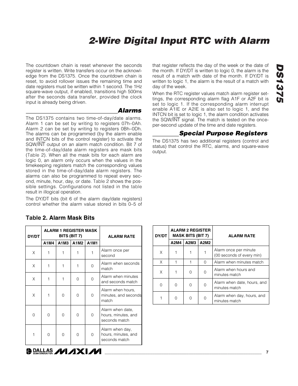 Alarms, Special purpose registers, Table 2. alarm mask bits | Rainbow Electronics DS1375 User Manual | Page 7 / 11