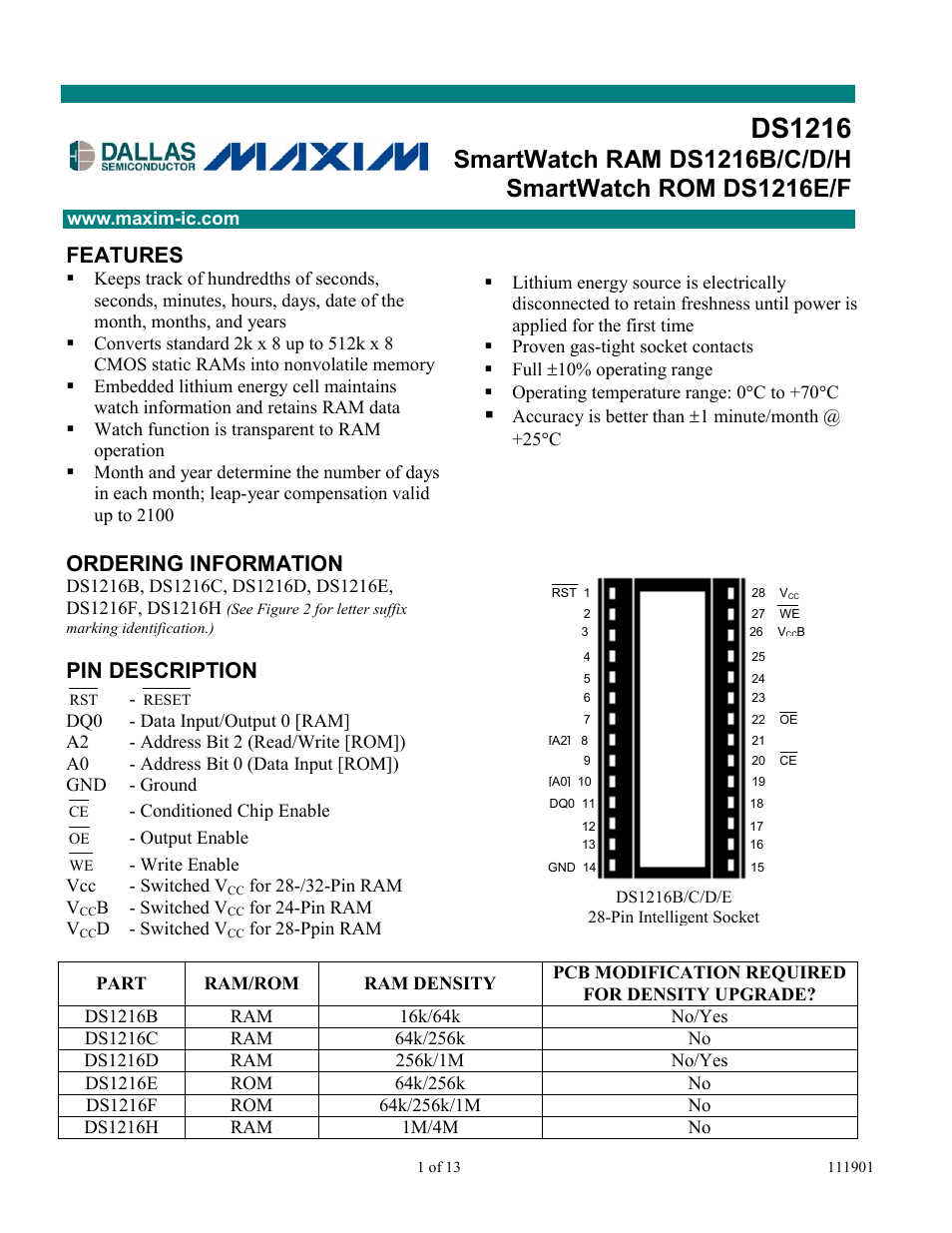 Rainbow Electronics DS1216 User Manual | 13 pages