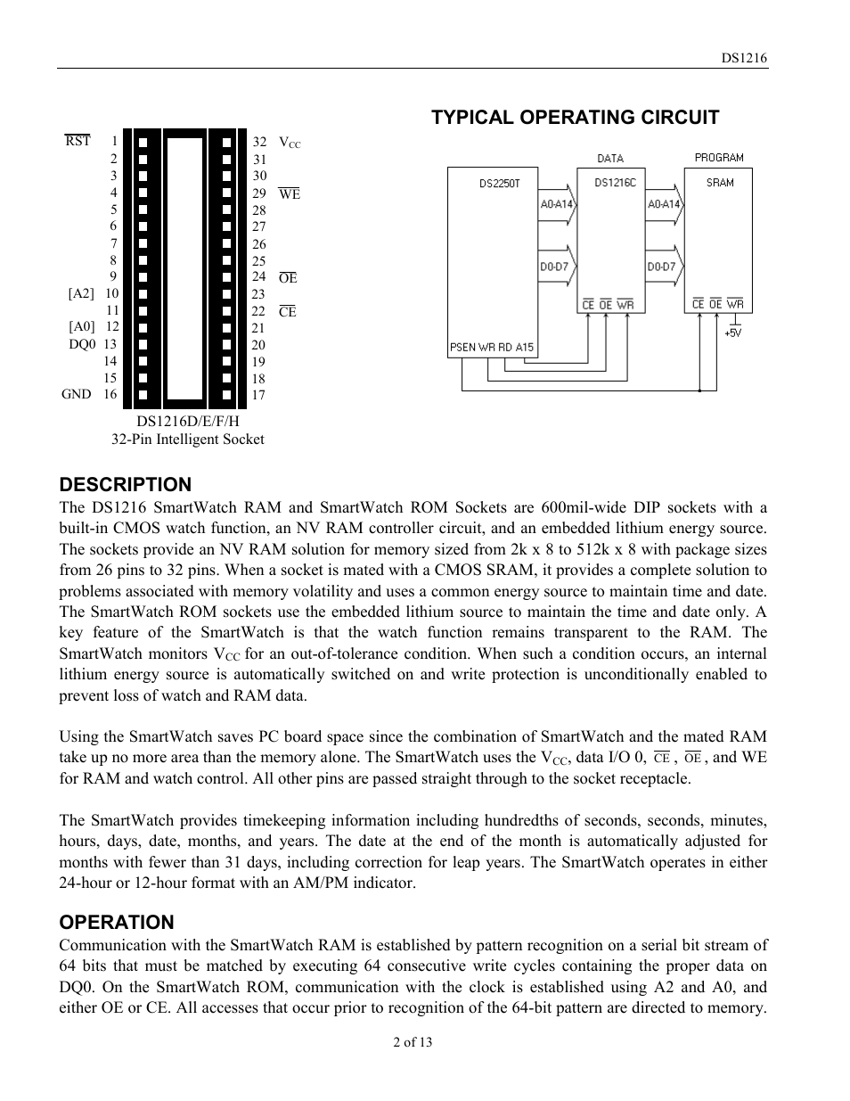 Typical operating circuit description, Operation | Rainbow Electronics DS1216 User Manual | Page 2 / 13