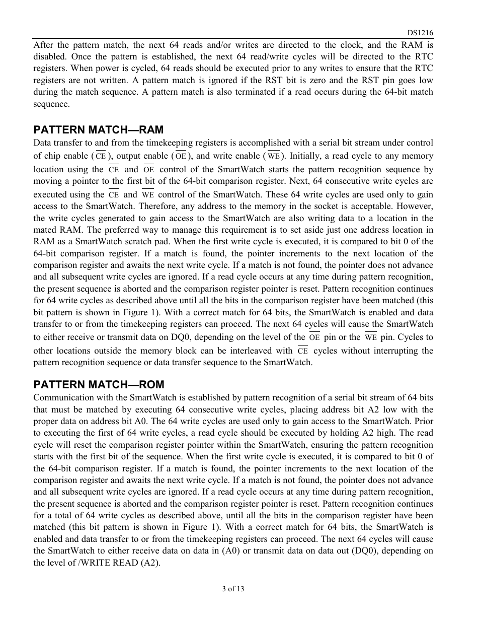 Pattern match—ram, Pattern match—rom | Rainbow Electronics DS1216 User Manual | Page 3 / 13
