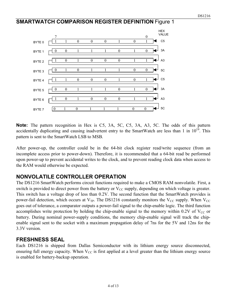 Smartwatch comparison register definition, Figure 1, Nonvolatile controller operation | Freshness seal | Rainbow Electronics DS1216 User Manual | Page 4 / 13