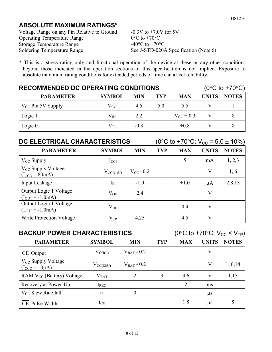 Absolute maximum ratings, Dc electrical characteristics (0 °c to +70°c; v, Backup power characteristics (0 °c to +70°c; v | Rainbow Electronics DS1216 User Manual | Page 8 / 13
