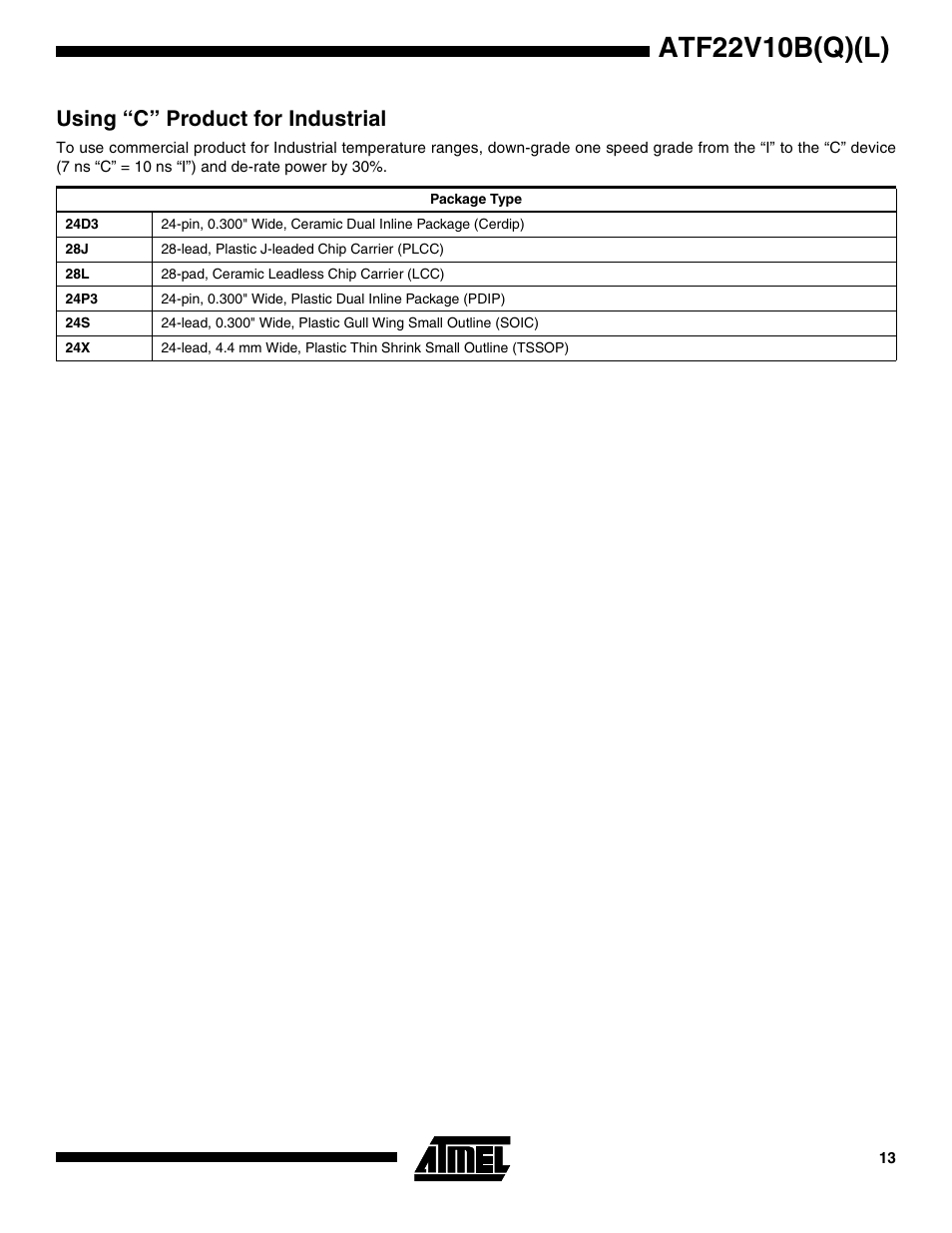 Using “c” product for industrial, Atf22v10b(q)(l) | Rainbow Electronics ATV22V10BQL User Manual | Page 13 / 16