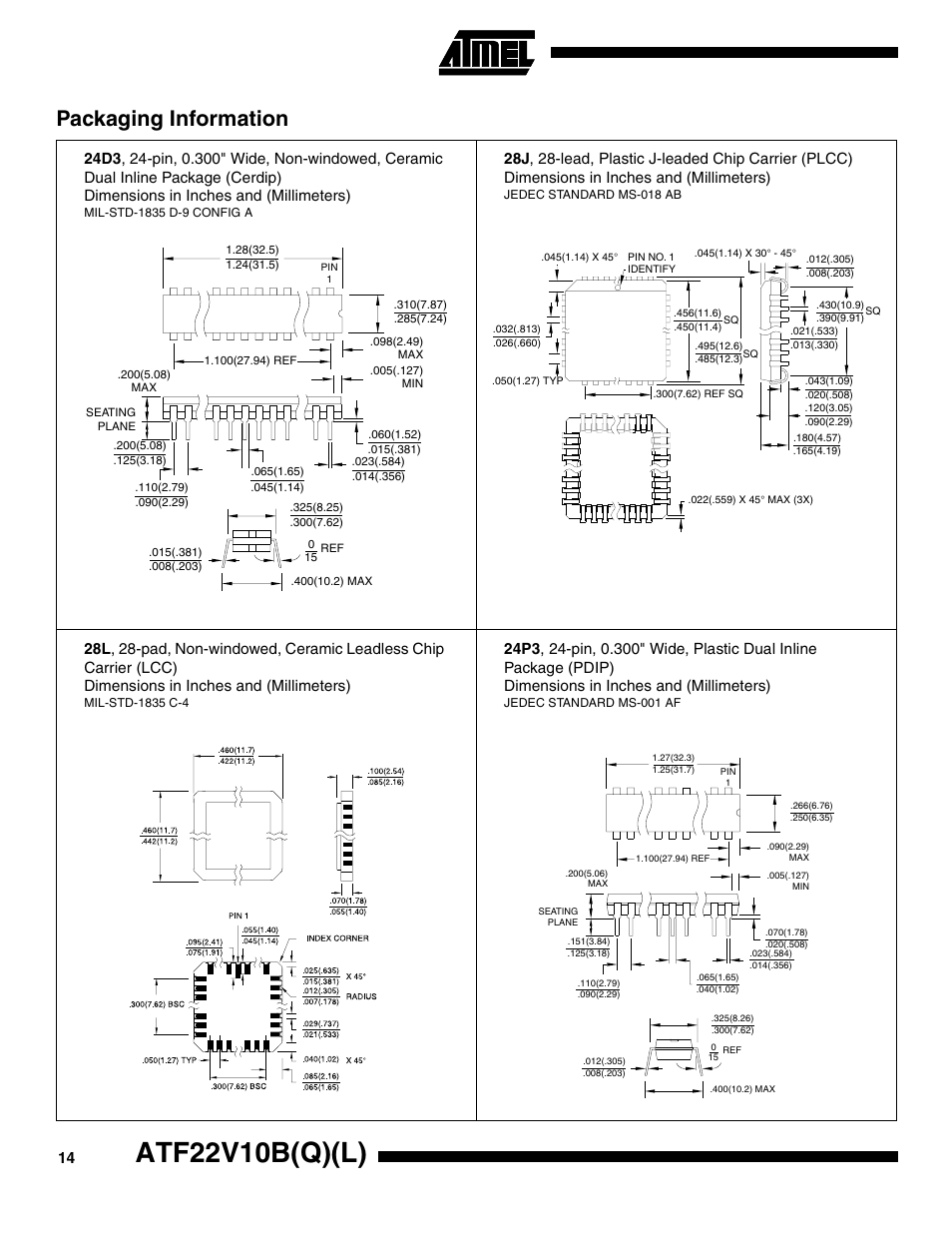 Atf22v10b(q)(l), Packaging information | Rainbow Electronics ATV22V10BQL User Manual | Page 14 / 16