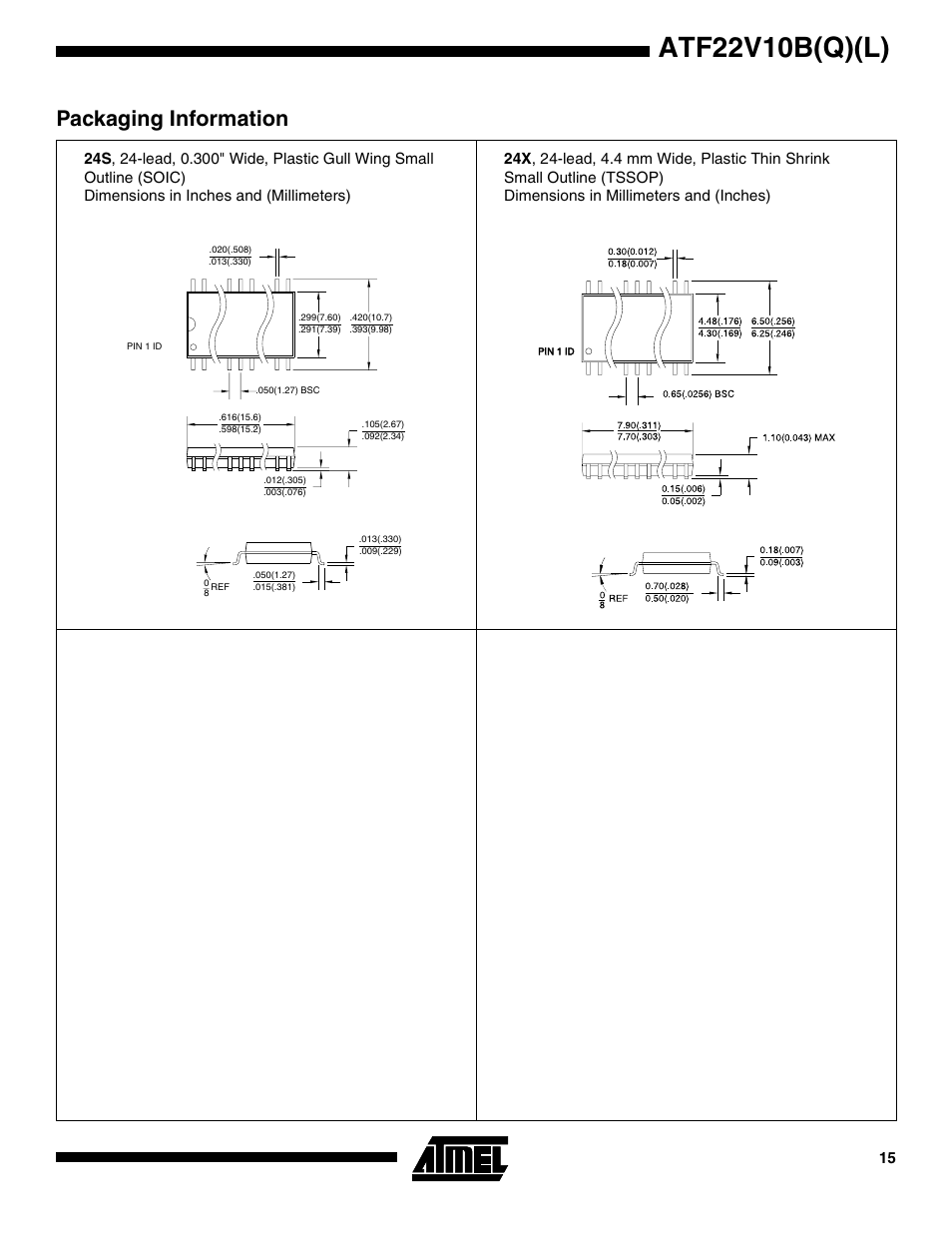 Atf22v10b(q)(l), Packaging information | Rainbow Electronics ATV22V10BQL User Manual | Page 15 / 16