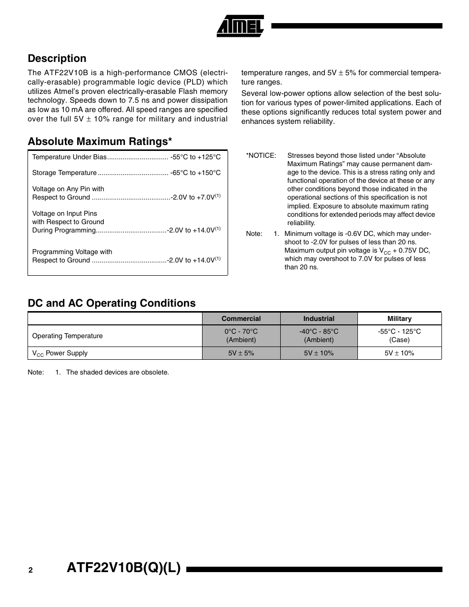 Description, Absolute maximum ratings, Dc and ac operating conditions | Atf22v10b(q)(l) | Rainbow Electronics ATV22V10BQL User Manual | Page 2 / 16