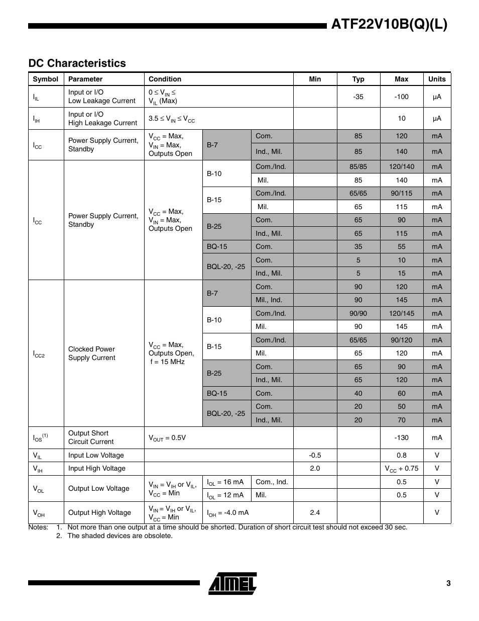 Dc characteristics, Atf22v10b(q)(l) | Rainbow Electronics ATV22V10BQL User Manual | Page 3 / 16