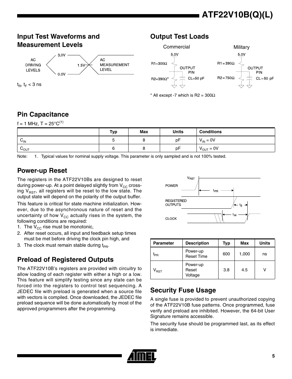 Input test waveforms and measurement levels, Output test loads, Pin capacitance | Power-up reset, Preload of registered outputs, Security fuse usage, Atf22v10b(q)(l) | Rainbow Electronics ATV22V10BQL User Manual | Page 5 / 16