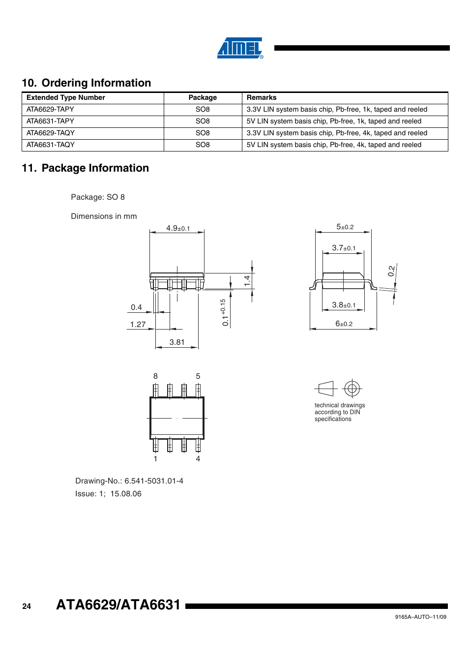 Ordering information, Package information, Package information 10. ordering information | Rainbow Electronics ATA6631 User Manual | Page 24 / 25